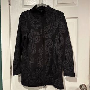 Cynthia Rowley Active Black Gray Paisley Long Zip Sweater Jacket size Large